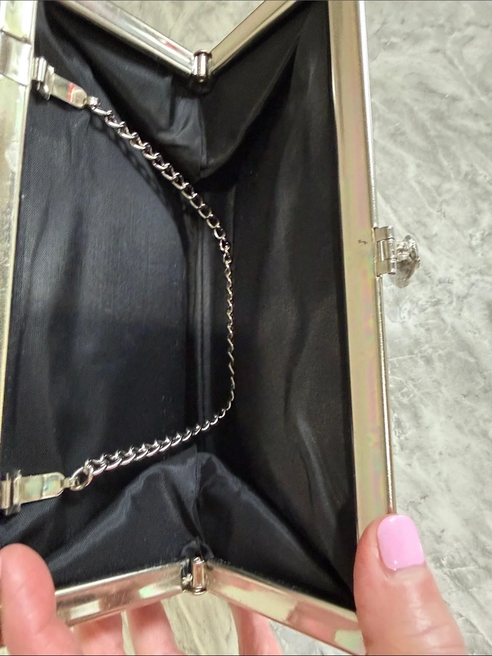 Silver Metallic Evening Clutch Bag Rhinestone Kiss Lock Chain Strap Formal Weddi